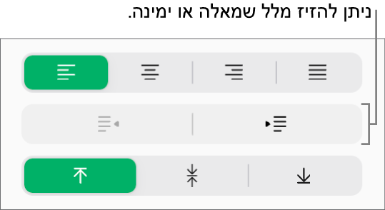 כפתורי ההזחה החוצה וההזחה פנימה בסרגל הצד ״עיצוב״.