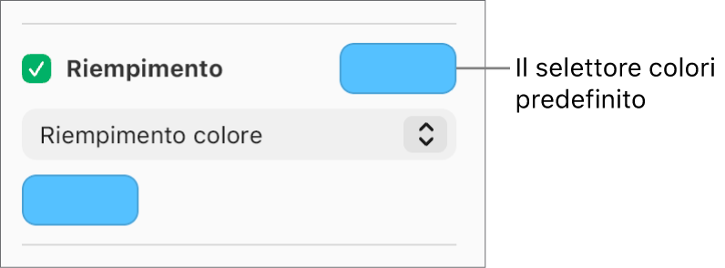 Il riquadro Riempimento è selezionata e l’area dei colori predefinita a destra della casella ha un riempimento di colore viola. Sotto il riquadro, viene selezionato Riempimento colore in un menu a comparsa.