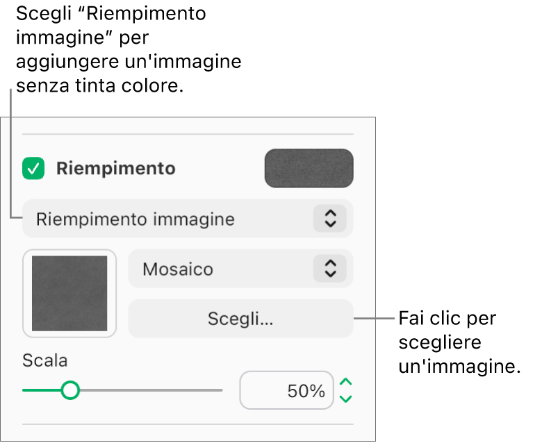 Il riquadro Riempimento è selezionato nella barra laterale, e Riempimento immagine è selezionato nel menu a comparsa sotto il riquadro. I controlli per scegliere l’immagine, la sua scala e come riempire l’oggetto vengono visualizzati nel menu a comparsa. Un’anteprima del riempimento dell’immagine viene visualizzata nel quadrato (dopo aver selezionato un’immagine).