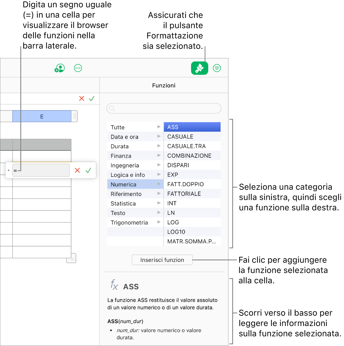 Un segno di uguale (=) appare in una cella della tabella, il pulsante Formato è selezionato nella barra degli strumenti e il Browser funzioni compare nella barra laterale Formato sulla destra. È selezionata la funzione valore assoluto. Sotto l’elenco delle funzioni è mostrata una descrizione della funzione.