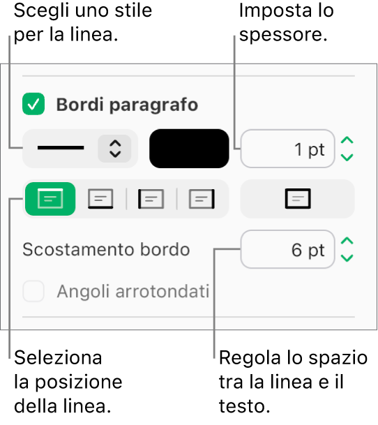 La casella “Bordi paragrafo” è selezionata nel pannello Layout della barra laterale Formato e i controlli per modificare lo stile, il colore, lo spessore, la posizione e la distanza dal testo sono visualizzati sotto alla casella.