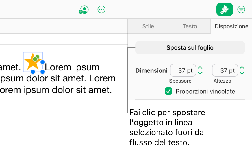 È selezionata un’immagine in linea all’interno di una casella di testo e il pulsante “Sposta nel foglio” è visibile nel pannello Disponi nella barra laterale.