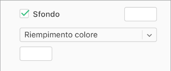 La casella Sfondo é selezionata e l’area dei colori predefinita a destra della casella ha un riempimento di colore bianco. Sotto il riquadro, nel menu a comparsa è selezionato “Riempimento colore”e, sotto di esso, l’area dei colori personalizzata ha un riempimento di colore bianco.