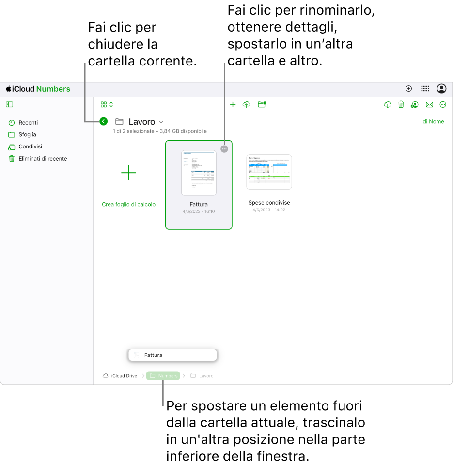 La vista Sfoglia del gestore documenti, con un foglio di calcolo che viene trascinato in una nuova posizione (la cartella di Numbers) nella parte inferiore della finestra. Sotto la barra strumenti, il pulsante Indietro viene visualizzato a sinistra del nome della cartella visualizzata (Lavoro).