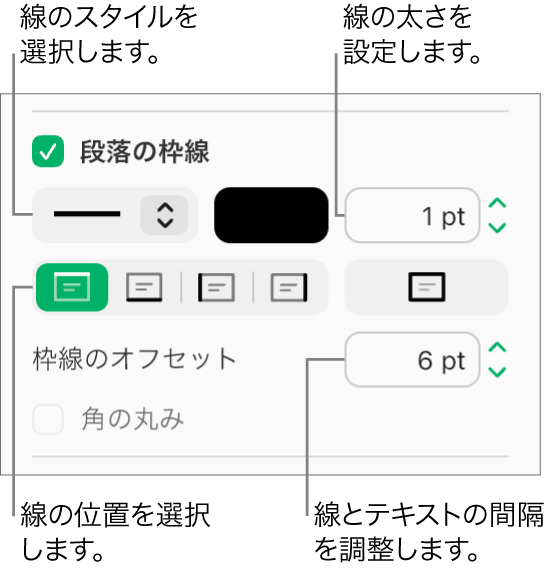 「フォーマット」サイドバーの「レイアウト」タブで「段落の枠線」チェックボックスが選択され、チェックボックスの下には線のスタイル、カラー、太さ、テキストからのオフセットを変更するためのコントロールが表示されています。