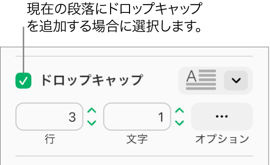 「ドロップキャップ」チェックボックスがオンになると、その右側にポップアップメニューが表示されます。その下に、行の高さや文字数などのオプションを設定するためのコントロールが表示されます。