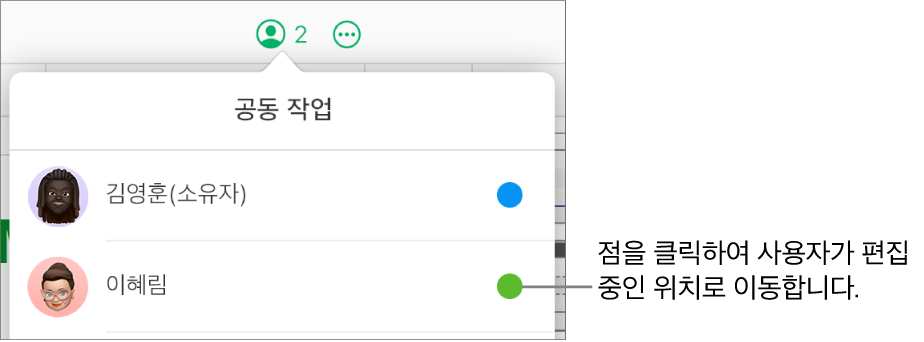 2명의 참여자 및 각 이름 오른쪽에 다른 색상의 점이 있는 공동 작업 메뉴가 열려 있음.