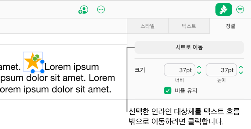텍스트 상자 안에 인라인 이미지가 선택되어 있으며 사이드바의 정렬 탭에 시트로 이동 버튼이 표시되어 있습니다.