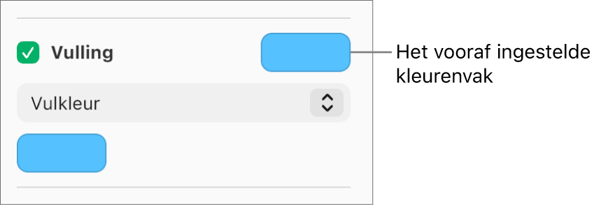 Het aankruisvak 'Vulling' is ingeschakeld in de navigatiekolom en het vooraf ingestelde kleurenvak rechts van het aankruisvak is gevuld met paars. Onder het aankruisvak is 'Vulkleur' geselecteerd in het pop‑upmenu.