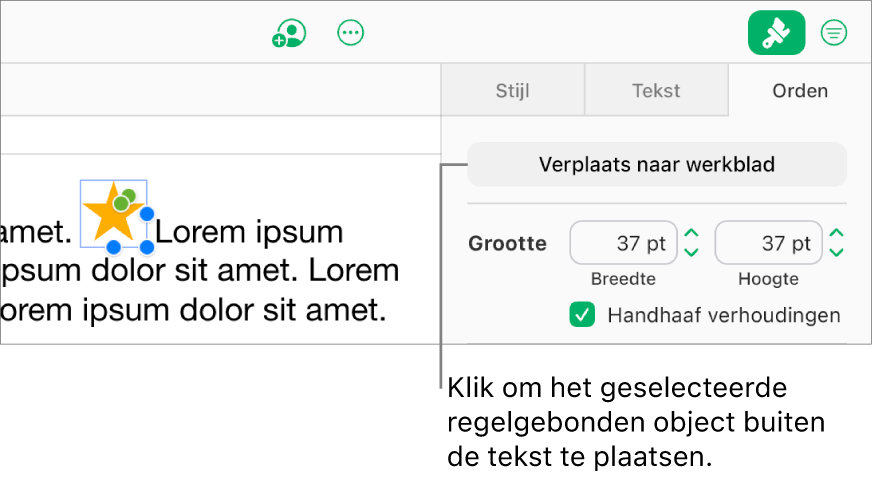 Een regelgebonden afbeelding in een tekstvak is geselecteerd, en de knop 'Verplaats naar werkblad' is zichtbaar in het tabblad 'Orden' in de navigatiekolom.