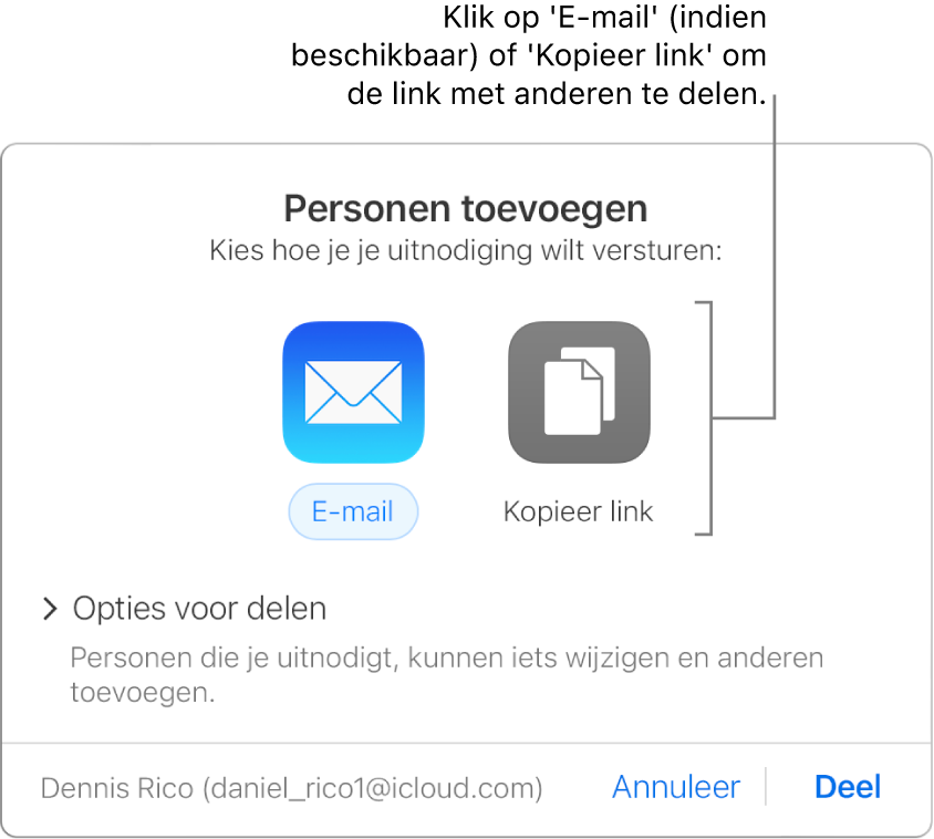 Het venster dat verschijnt als je op de knop 'Samenwerking' in de knoppenbalk klikt (voordat een spreadsheet wordt gedeeld). Met de knoppen 'E-mail' en 'Kopieer link' kun je kiezen hoe je de spreadsheet wilt delen.