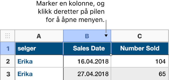 En tabell med den andre kolonnen markert. En pil vises til høyre for kolonnen med bokstav B.