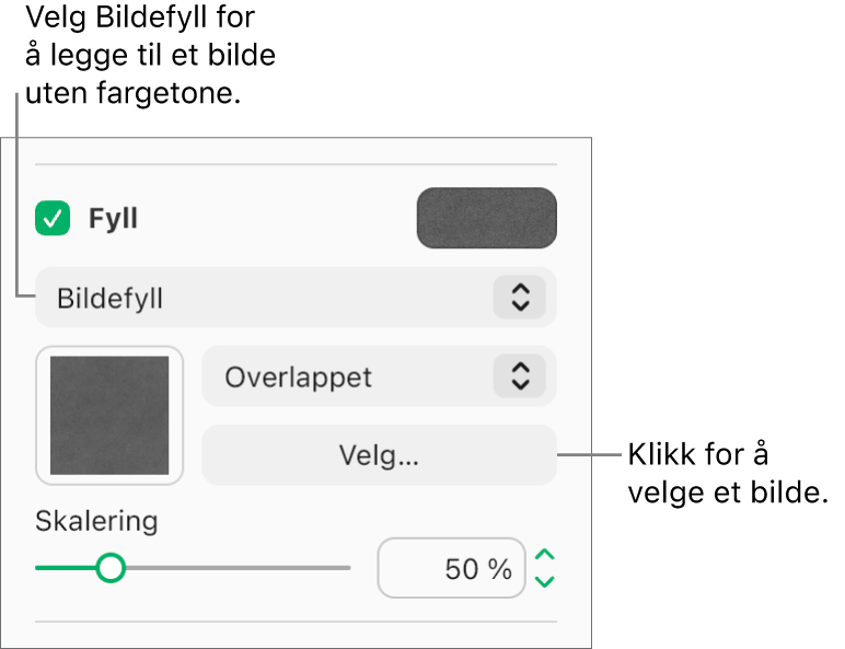 Det er krysset av i Fyll-ruten i sidepanelet, og Bildefyll er valgt på lokalmenyen under avkrysningsruten. Kontroller for valg av bilde, hvordan det fyller objektet, og bildeskaleringen vises under lokalmenyen. En forhåndsvisning av fargefyllet vises i firkanten (etter et bilde er valgt).