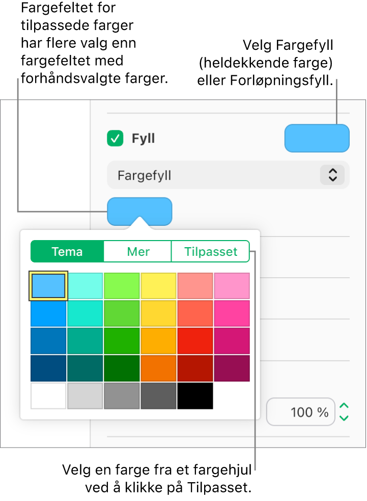Fargefyll er valgt i lokalmenyen under Fyll-avkrysningsruten, og fargefeltet under lokalmenyen viser flere valg for fargefyll.