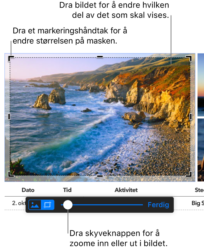 Et markert bilde med maskeringskontroller synlige nederst. Bildeforklaringer angir markeringshåndtak i hjørnet, bildets ytterkant og skyveknappen på maskeringskontrollen.