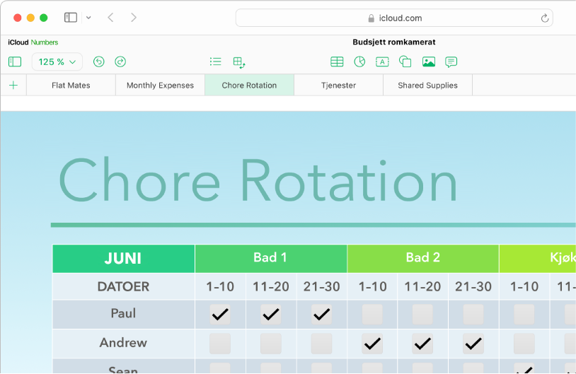 Delen øverst til venstre i regnearket viser fanene for fem ark, oppgaveturnusarket er valgt, og tabellen med oppgaveinformasjon vises på arket.