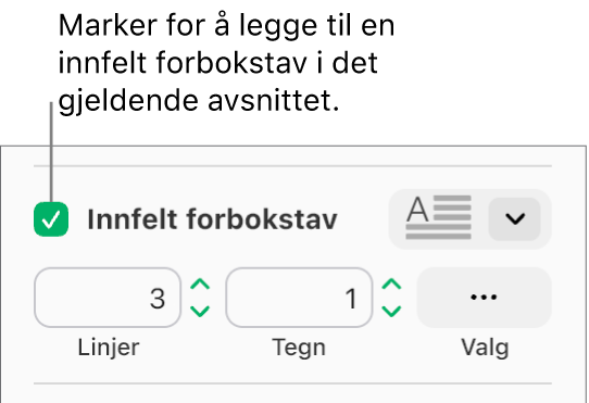 Avkrysningsruten for Innfelt forbokstav er valgt, og en lokalmeny vises til høyre. Kontroller for å justere linjehøyde, antall bokstaver og andre alternativer vises under denne.