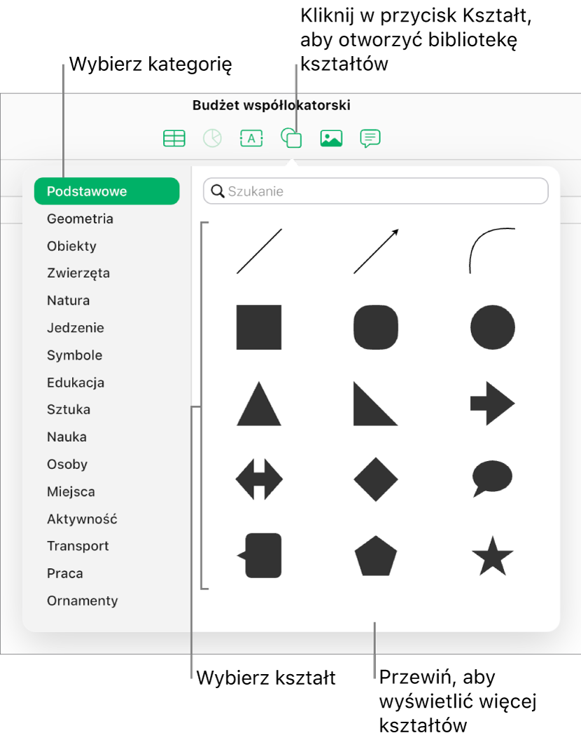 Poniżej przycisku Kształt na pasku narzędzi jest otwarta biblioteka kształtów. Z lewej strony jest wybrana kategoria Podstawowe. Z prawej strony są wyświetlane niektóre typowe kształty (takie jak okręgi, kwadraty i linie).