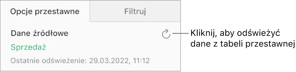 Karta Opcje przestawne z przyciskiem Odśwież w prawym górnym rogu.