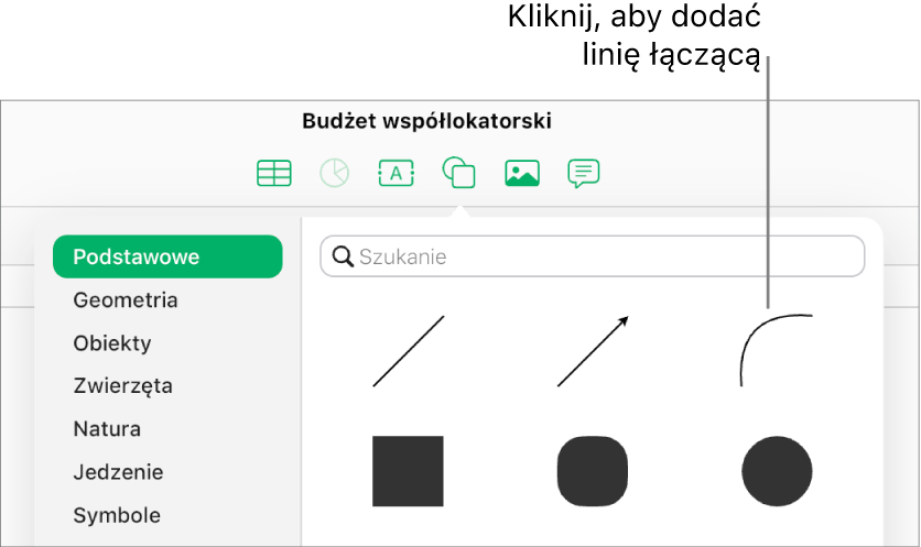 Otwarta biblioteka kształtów z wybraną kategorią Podstawowe z lewej strony i różnymi liniami oraz kształtami (w tym linią krzywą) widocznymi z prawej strony.
