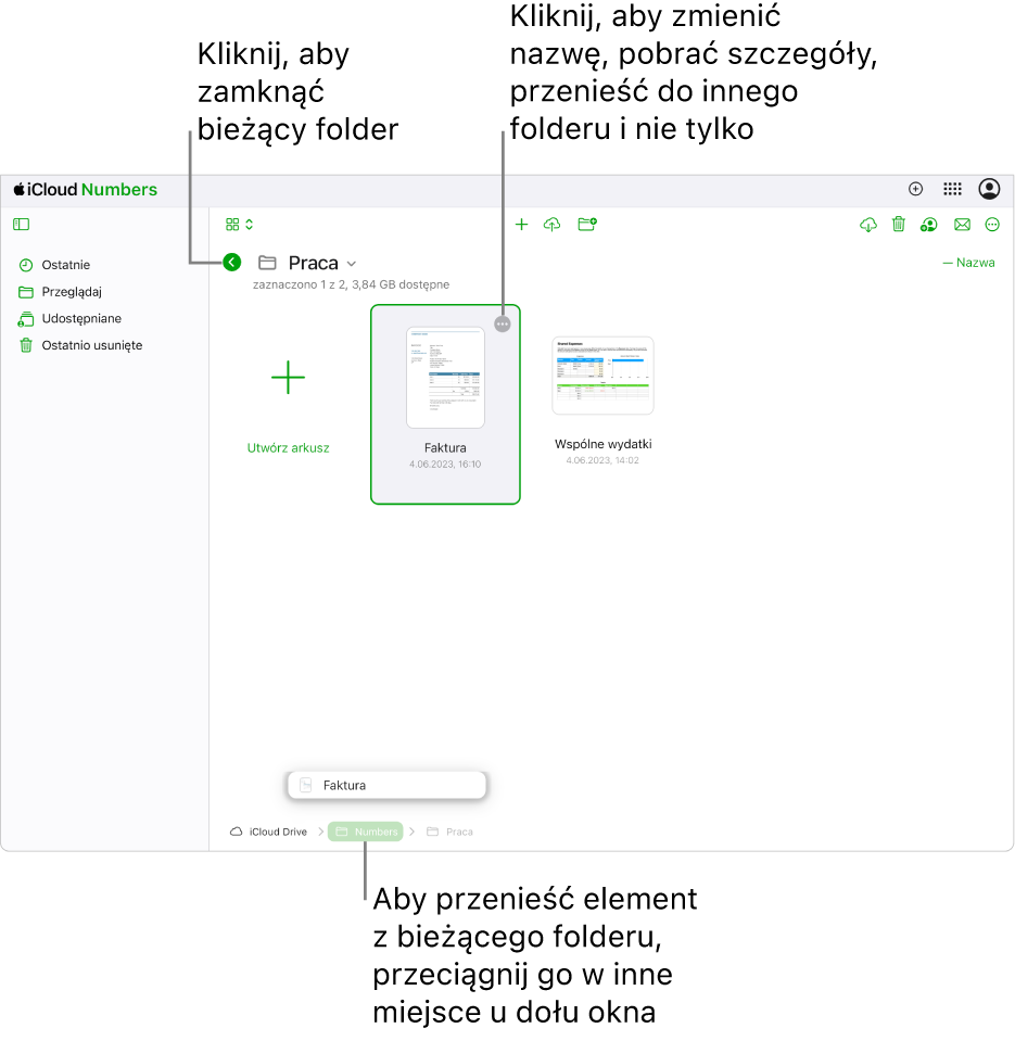 Menedżer dokumentów w widoku przeglądania, z arkuszem przeciąganym z bieżącego folderu do nowej lokalizacji (folderu Numbers) na dole okna. Poniżej paska narzędzi, po lewej stronie od nazwy bieżącego folderu (Work), widoczny jest przycisk Wstecz.