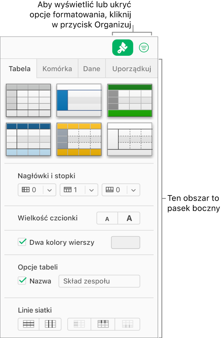 Na pasku narzędzi zaznaczony jest przycisk Format, a na pasku bocznym po prawej stronie arkusza kalkulacyjnego wyświetlane są narzędzia stylu tabeli, koloru i inne narzędzia formatowania. Przycisk Uporządkuj jest wyświetlany z prawej strony przycisku Format na pasku narzędzi.