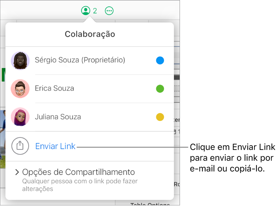O menu Colaboração aberto, com a opção Enviar Link abaixo da lista de participantes.