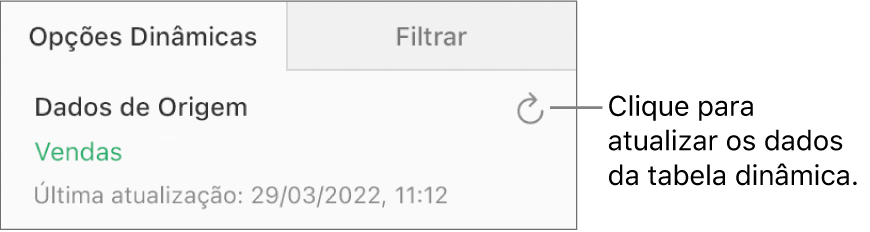 Aba Opções Dinâmicas mostrando o botão Atualizar no canto superior direito.