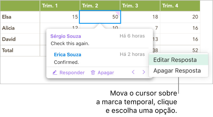 Um comentário com uma resposta e o cursor sobre a marcação de data e hora da resposta; um menu pop-up mostrando duas opções: Editar Resposta e Apagar Resposta.