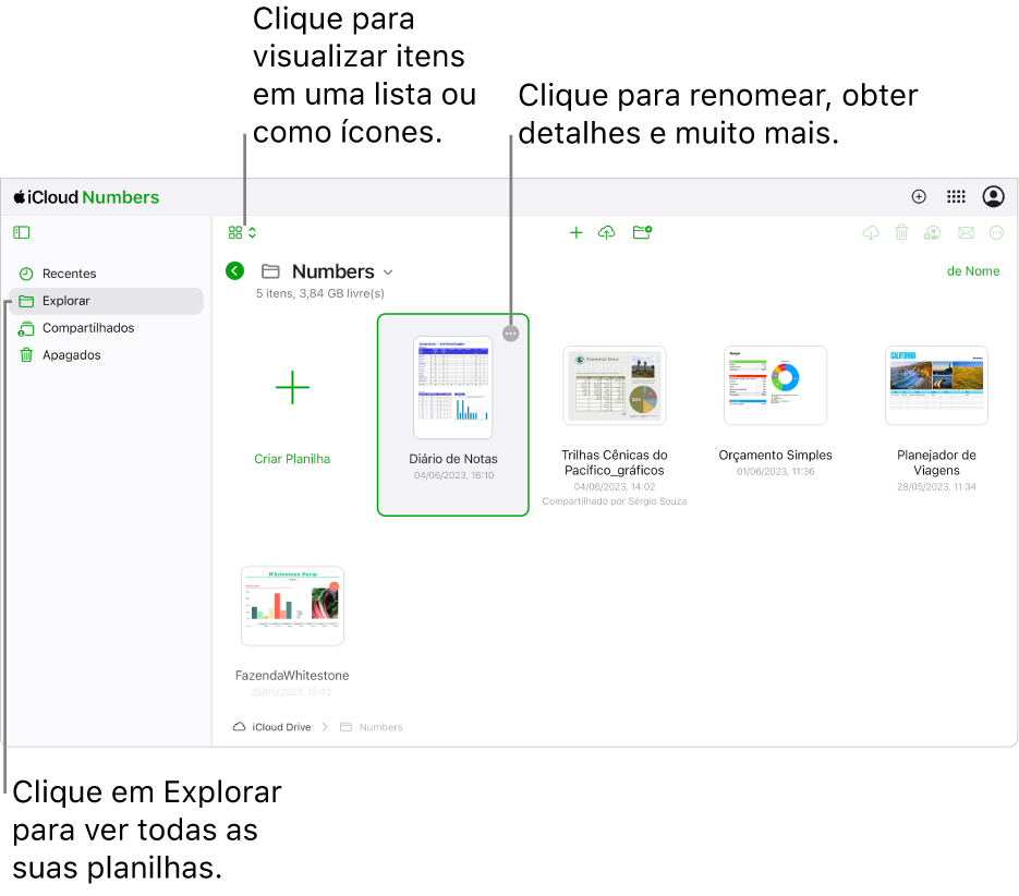 O gerenciador de documentos na visualização Explorar, mostrando documentos do Numbers como ícones em uma grade. O botão Mais (três pontos) está visível no canto superior direito planilha selecionada. Acima das planilhas, o lado esquerdo da barra de ferramentas tem um menu local onde você pode escolher visualizar os itens como ícones ou em uma lista. Do lado direito da barra de ferramentas estão botões para baixar uma cópia, colaborar, enviar por e-mail ou apagar.