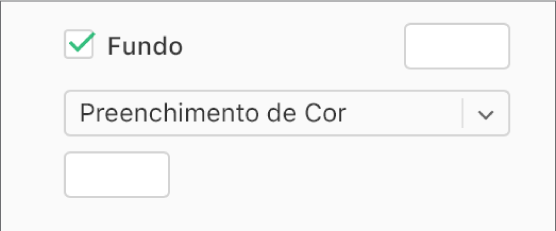 A caixa de seleção Plano de fundo está marcada barra lateral, e o seletor de cores predefinidas à direita da caixa de seleção está preenchido com a cor branca. Abaixo da caixa de seleção, Preenchimento de cor está selecionado em um menu pop-up e, abaixo dele, o seletor de cores personalizadas está preenchido com a cor branca.