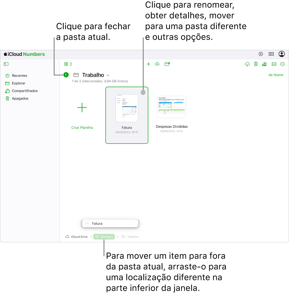 O gerenciador de documentos na visualização Explorar, com uma planilha sendo arrastada da pasta atual para um novo local (a pasta Numbers) na parte inferior da janela. Abaixo da barra de ferramentas, um botão Voltar é exibido à esquerda do nome da pasta atual (Trabalho).
