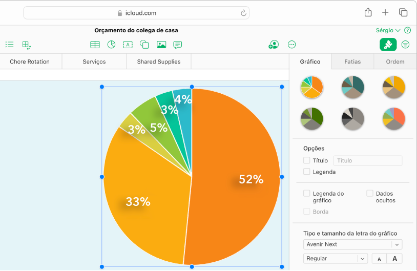 Está selecionado um gráfico circular com percentagens em cada secção, o separador “Gráfico” da barra lateral "Formatação” está aberto e mostra opções para alterar o estilo, tipo de letra do texto, etc.