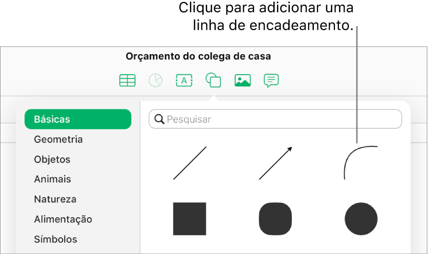 A biblioteca de formas está aberta, com "Básico” selecionado à esquerda e um conjunto de linhas e formas, incluindo uma linha curva, visível à direita.