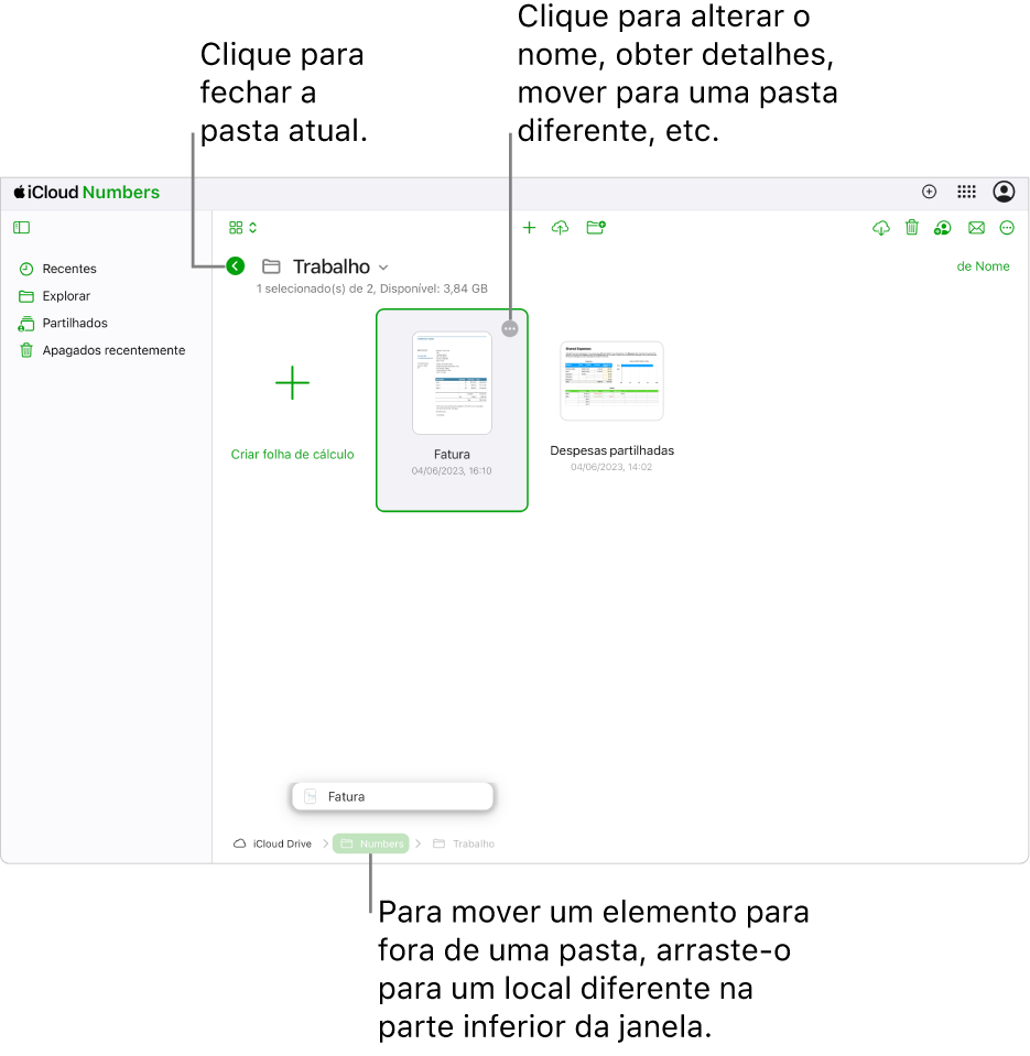 O gestor de documentos na vista de navegação com uma folha de cálculo a ser arrastada da pasta atual para um novo local (a pasta Numbers) na parte inferior da janela. Por baixo da barra de ferramentas, aparece o botão “Anterior” à esquerda do nome da pasta atual (Trabalho).