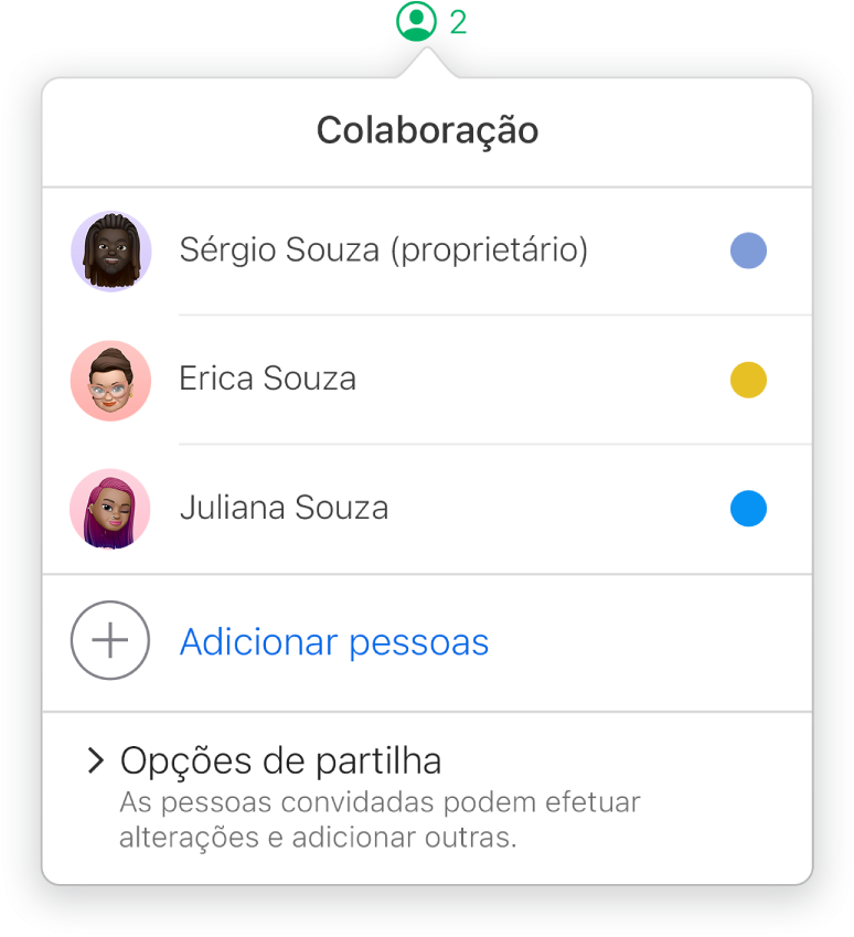 O menu Colaboração a apresentar os nomes das pessoas que estão a colaborar na folha de cálculo. As opções de partilha estão por baixo dos nomes.