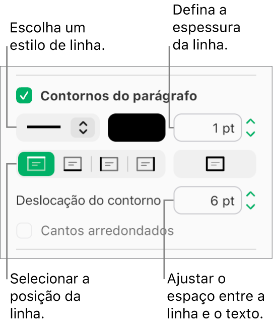 A opção “Bordas do parágrafo” está assinalada no separador "Disposição” na barra lateral “Formatação” e os controlos para alterar o estilo, cor, espessura, posição e deslocação da linha em relação ao texto são apresentados por baixo da opção assinalável.