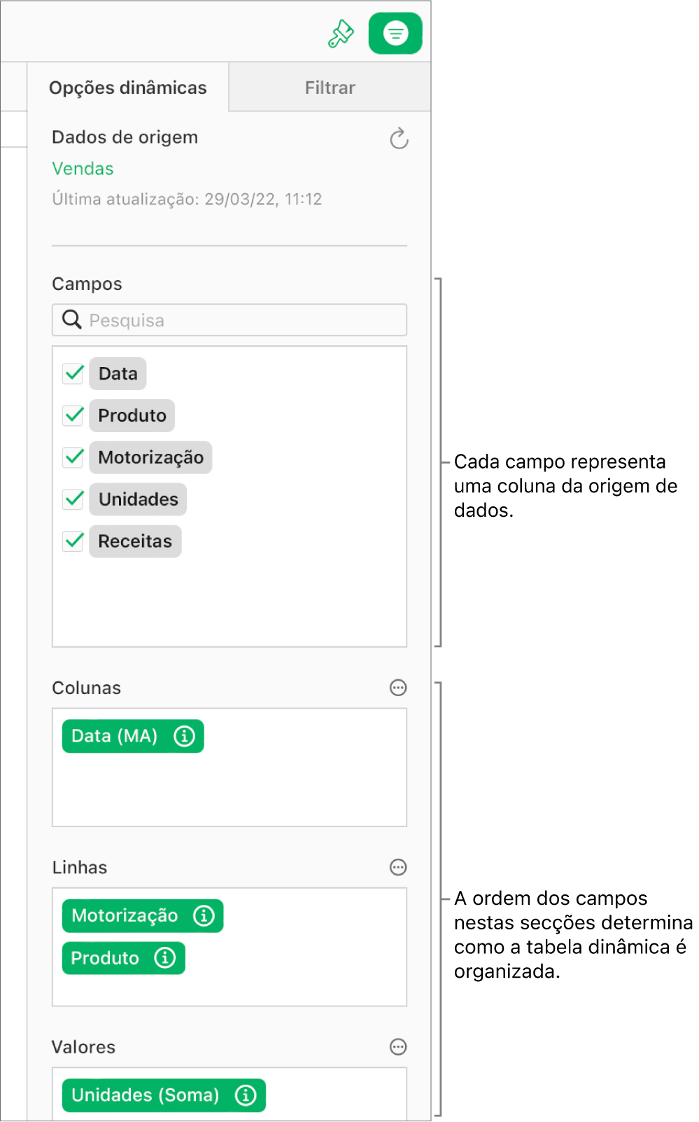 O separador “Opções dinâmicas” na barra lateral “Organizar” a mostrar campos nas secções “Colunas”, “Linhas” e “Valores”, bem como os botões "Mais” e “Informação” para editar os campos e atualizar a tabela dinâmica.