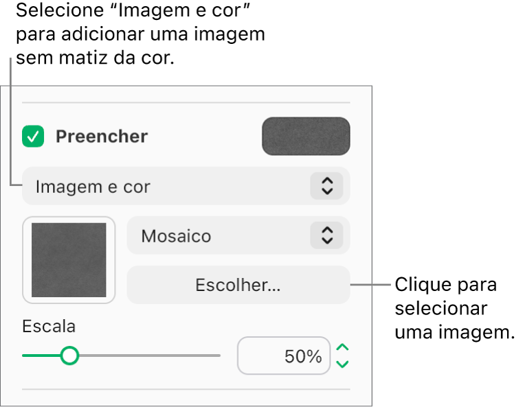 A opção “Preenchimento” está assinalada na barra lateral e a opção "Preenchimento com imagem” está selecionada no menu pop-up sob a opção assinalável. Os controlos para selecionar a imagem, a forma como preenche o objeto e a escala da imagem, são apresentados sob o menu pop-up. Uma pré-visualização do preenchimento com imagem aparece no quadrado (após uma imagem ser escolhida).