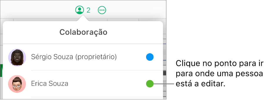 O menu Colaboração abre-se com dois participantes e um ponto colorido diferente à direita de cada nome.