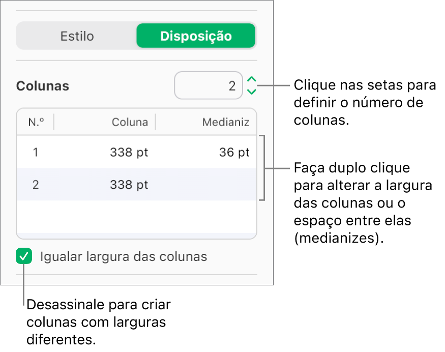 Os controlos da coluna de texto no painel “Disposição” da barra lateral "Formatação”.