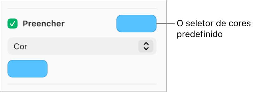 A opção “Preenchimento” está assinalada na barra lateral e o seletor de cores predefinido à direita da opção assinalável está preenchido a roxo. Sob a opção assinalável, a opção "Preenchimento de cor” está selecionada no menu pop-up.