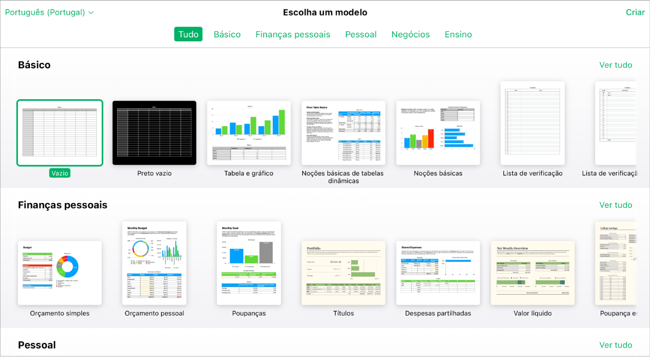 A lista de modelos apresenta várias miniaturas de modelos. O modelo "Em branco” está selecionado.