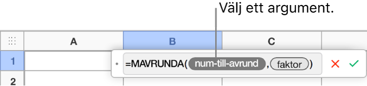 Formelredigeraren med funktionen SUMMA angiven och en pratbubbla för värdeargumentstoken.