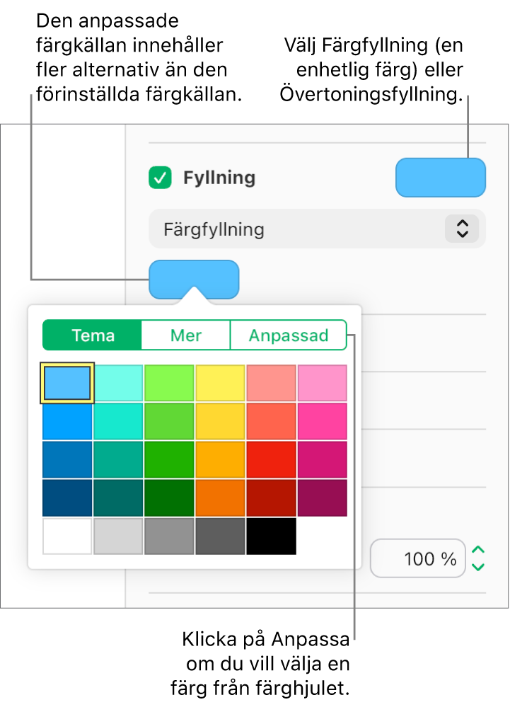 Färgfyllning har valts i popupmenyn Fyllning och färgkällan nedanför popupmenyn visar ytterligare alternativ för färgfyllning.