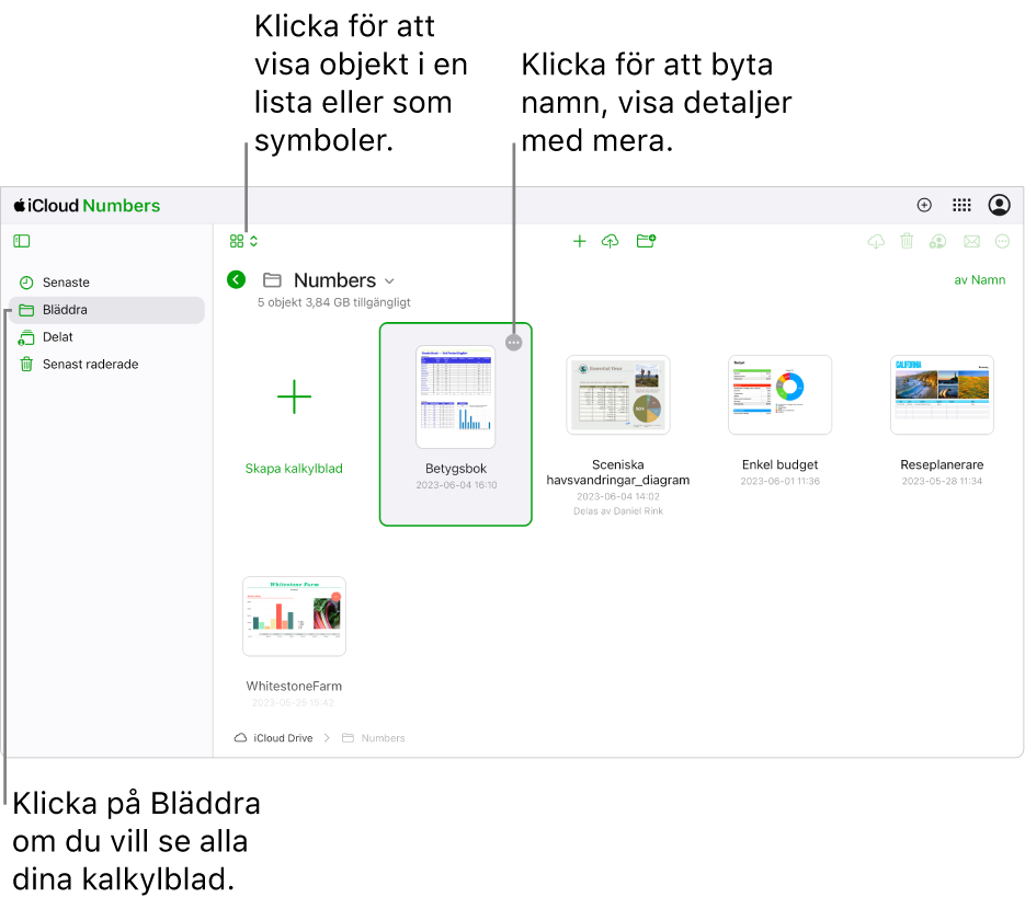 Dokumenthanteraren i bläddringsvyn, med Numbers-dokument som symboler i ett rutnät. Knappen Mer (tre punkter) är synlig i det nedre högra hörnet av det valda kalkylbladet. På vänstra sidan av verktygsfältet ovanför kalkylbladen finns en popupmeny där du kan välja att visa objekt som symboler eller i en lista. Till höger på verktygsfältet finns knappar för att hämta, samarbeta, skicka mejl och radera.
