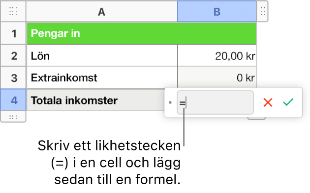 Formelredigeraren är öppen med = och ingen angiven formel.
