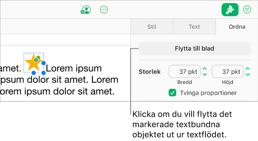 En textbunden bild inuti en textruta är markerad och knappen Flytta till blad på sidan är synlig på fliken Ordna i sidofältet.