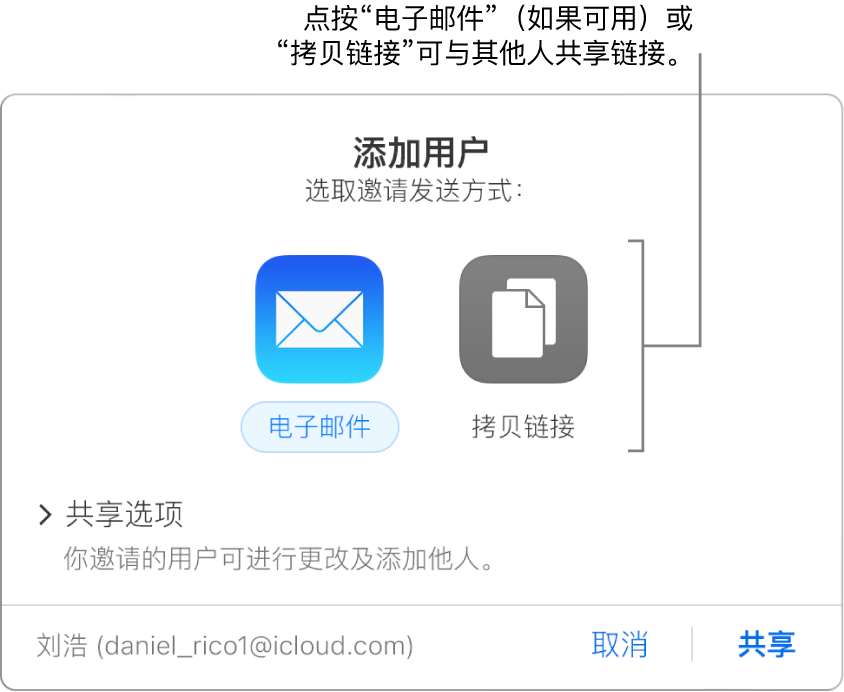 当你在工具栏中点按“协作”按钮时，会显示此窗口（在共享电子表格之前）。“发送电子邮件”和“拷贝链接”按钮允许你选取共享电子表格的方式。