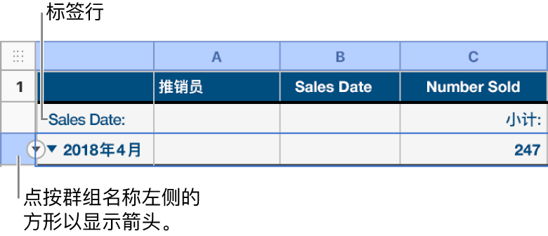 分类表中的摘要行处于选中状态，其边框上显示向下箭头；摘要行上方的标签行显示了群组名称上方的类别名称，以及第三列中的函数（小计）的名称。